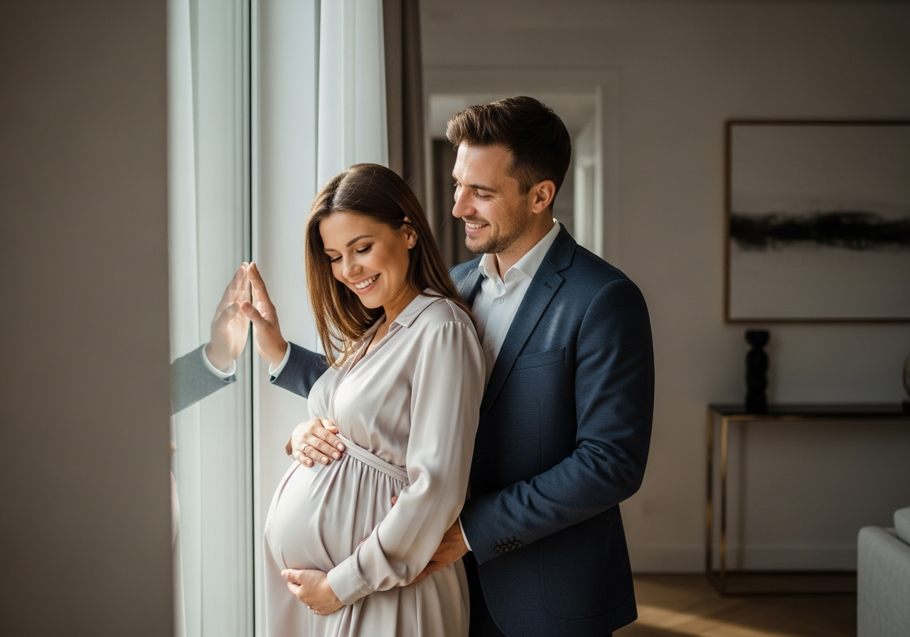 Expecting couple embracing during their family-building journey